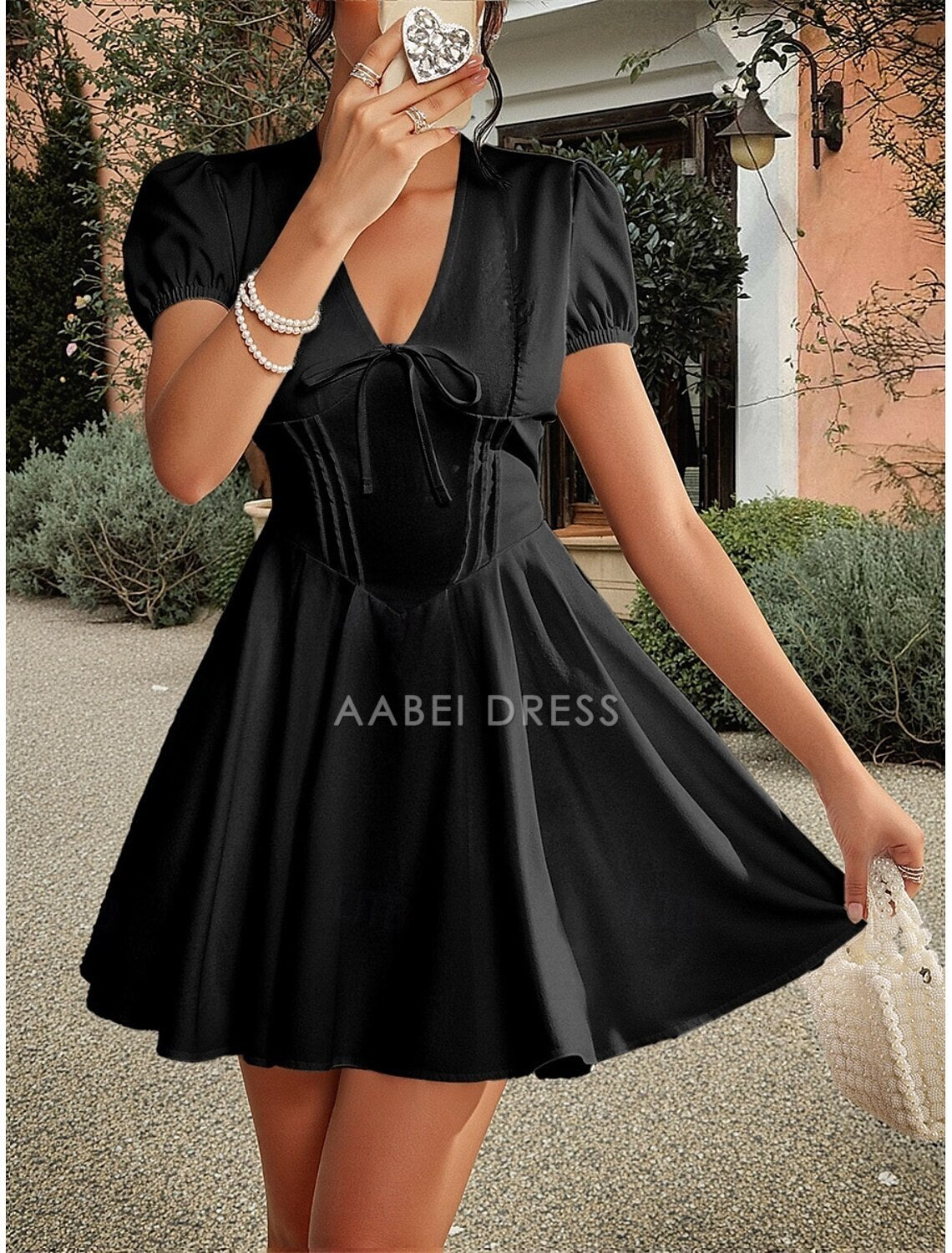 AABEI DRESS New Homecoming Dress Elegant A-Line Formal Short Sleeve V Neck Satin with Pleats Cute Short Prom Dresse