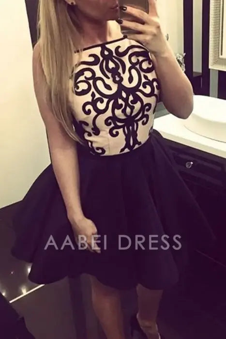 AABEI DRESS New Homecoming Dress A-Line Bateau Appliques Spaghetti Strap Sleeveless Retro Short Prom Dress