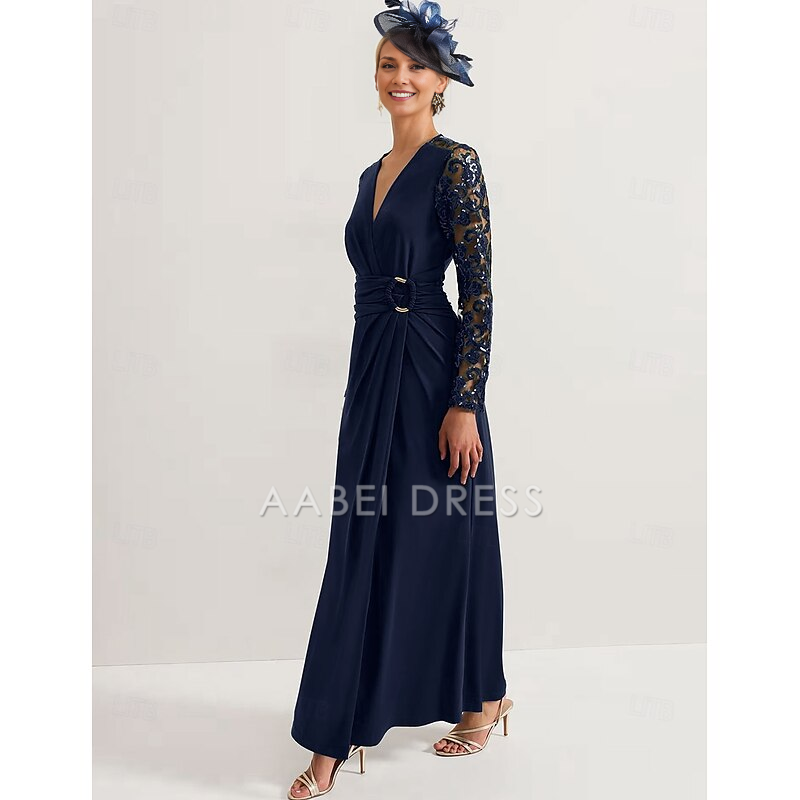 AABEI DRESS Wedding Guest Dress Elegant Sheath V Neck Ankle Length Long Sleeve with Lace Pleats Mother of the Bride Dress