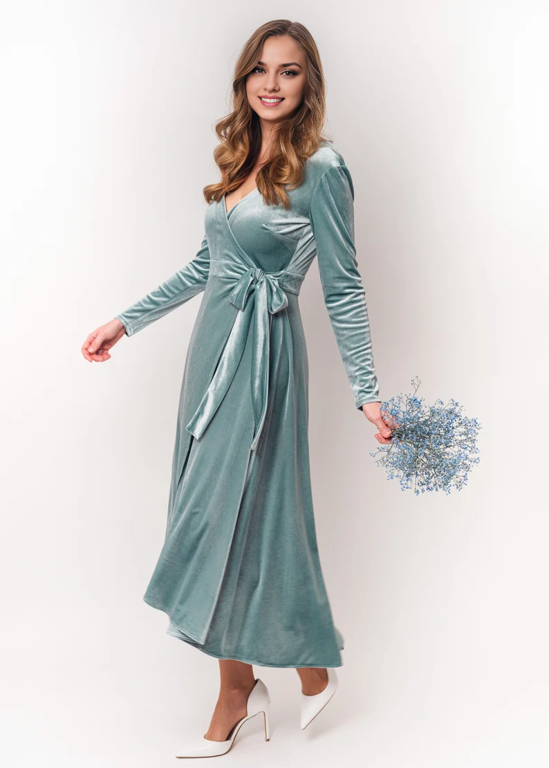 Evening Dress Velvet Dress Wrap Dress Deep V Neck Long sleeves Asymmetric Formal Dresses Wedding Guest Dress