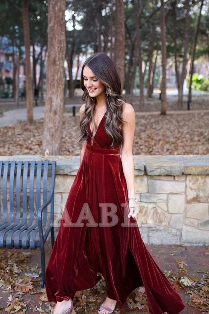 Evening Dress A-Line Deep V Neck Halter Backless Burgundy Velvet Long Bridesmaid Dresses Elegant Prom Gown Formal Women's Dresses