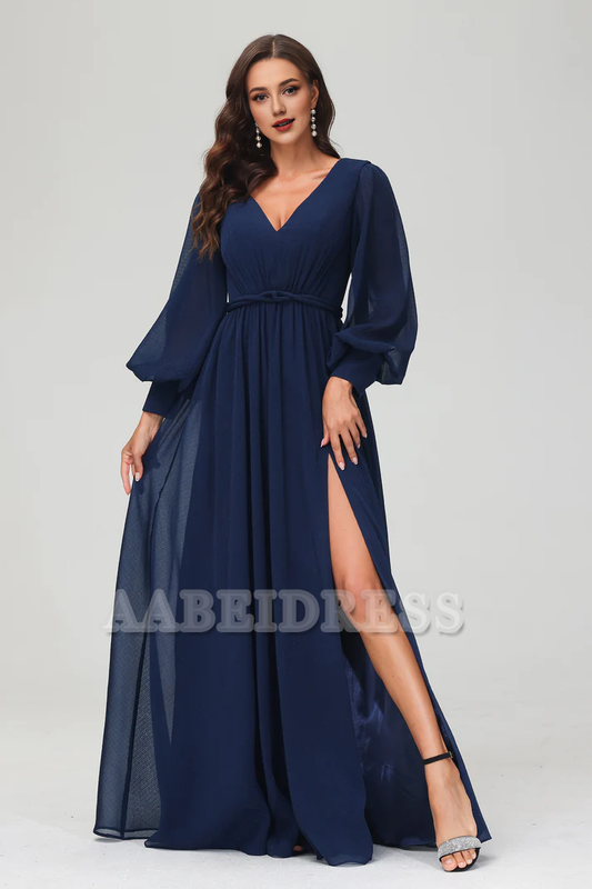 Evening Dress A-Line V-neck Long Sleeves Floor Length Dress Side Fork Elegant Exquisite Formal Women's Dresses Wedding Guest Dresses