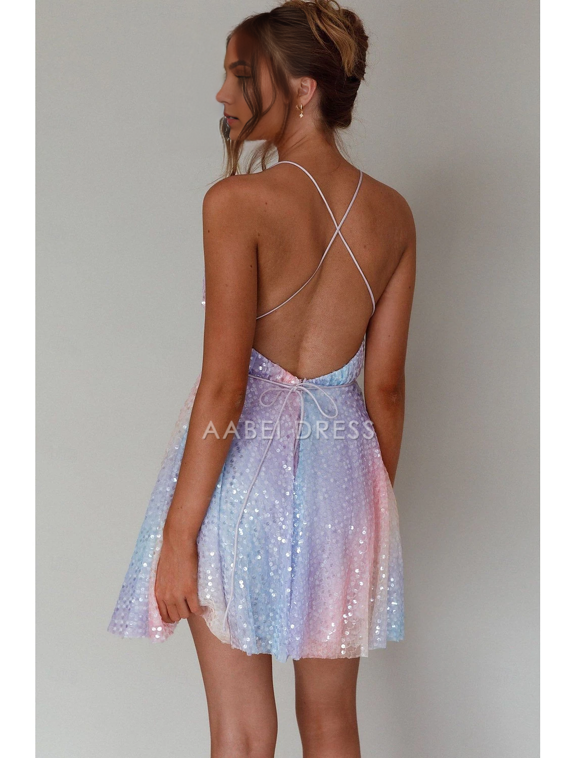 AABEI DRESS New Homecoming Dress A Line Deep V Neck Backless Cocktail Dresses Carnival Sleeveless Sequined with Pleats Sparkle Short Prom Dresse