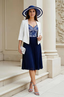 Elegant Navy Chiffon A Line V Neck 2 Piece 3/4 Long Sleeve Pleated Dress Retro Wedding Guest Dress Hot Sale Mother of the Bride Dresses