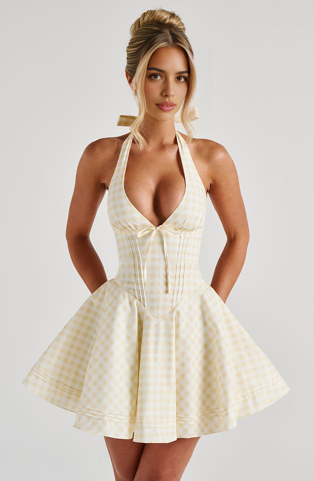 AABEI DRESS Hot Sale Homecoming Dress Retro Halter Straps Plunge Neckline Backless Grid Mini Dress Cute Short Prom Dresse
