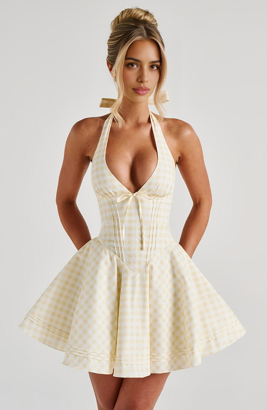 AABEI DRESS Hot Sale Homecoming Dress Retro Halter Straps Plunge Neckline Backless Grid Mini Dress Cute Short Prom Dresse