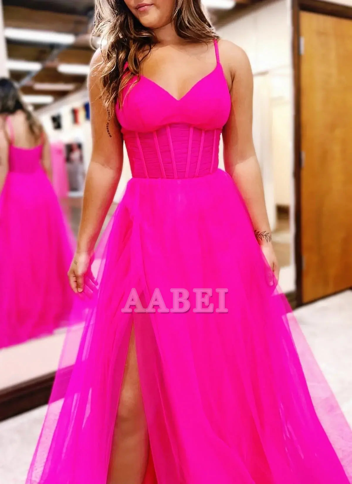 Evening Dress A-Line V-Neck Sheer Bodice Tulle Long Romantic Prom Dress Side Fork Youthful Elegant Formal Women's Dresses
