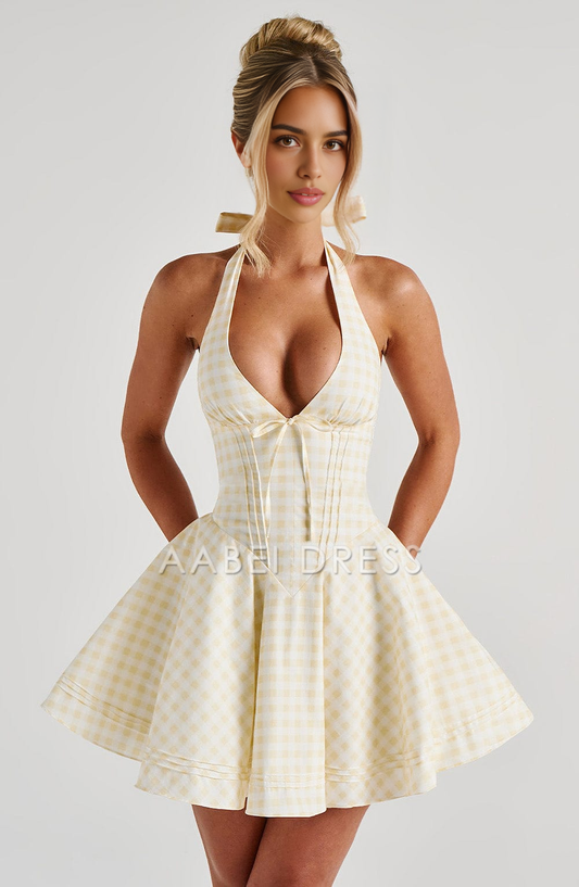 AABEI DRESS Hot Sale Homecoming Dress Retro Halter Straps Plunge Neckline Backless Grid Mini Dress Cute Short Prom Dresse