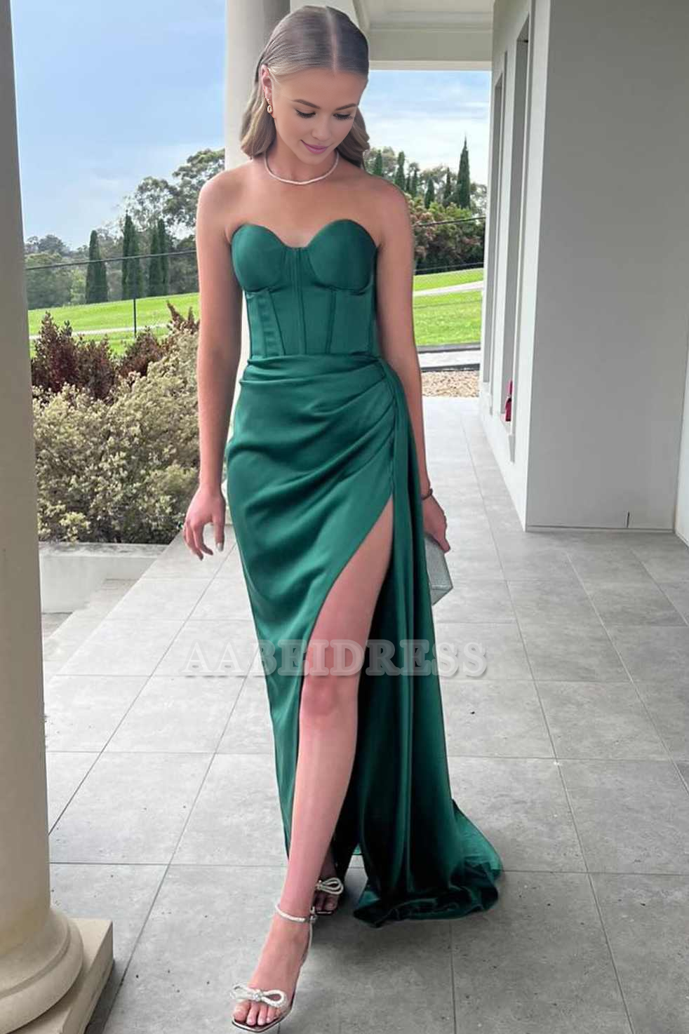 Evening Dress Mermaid Strapless Sweetheart Pleated High Slit Satin Long Prom Dress Exquisite Formal Women's Dresses