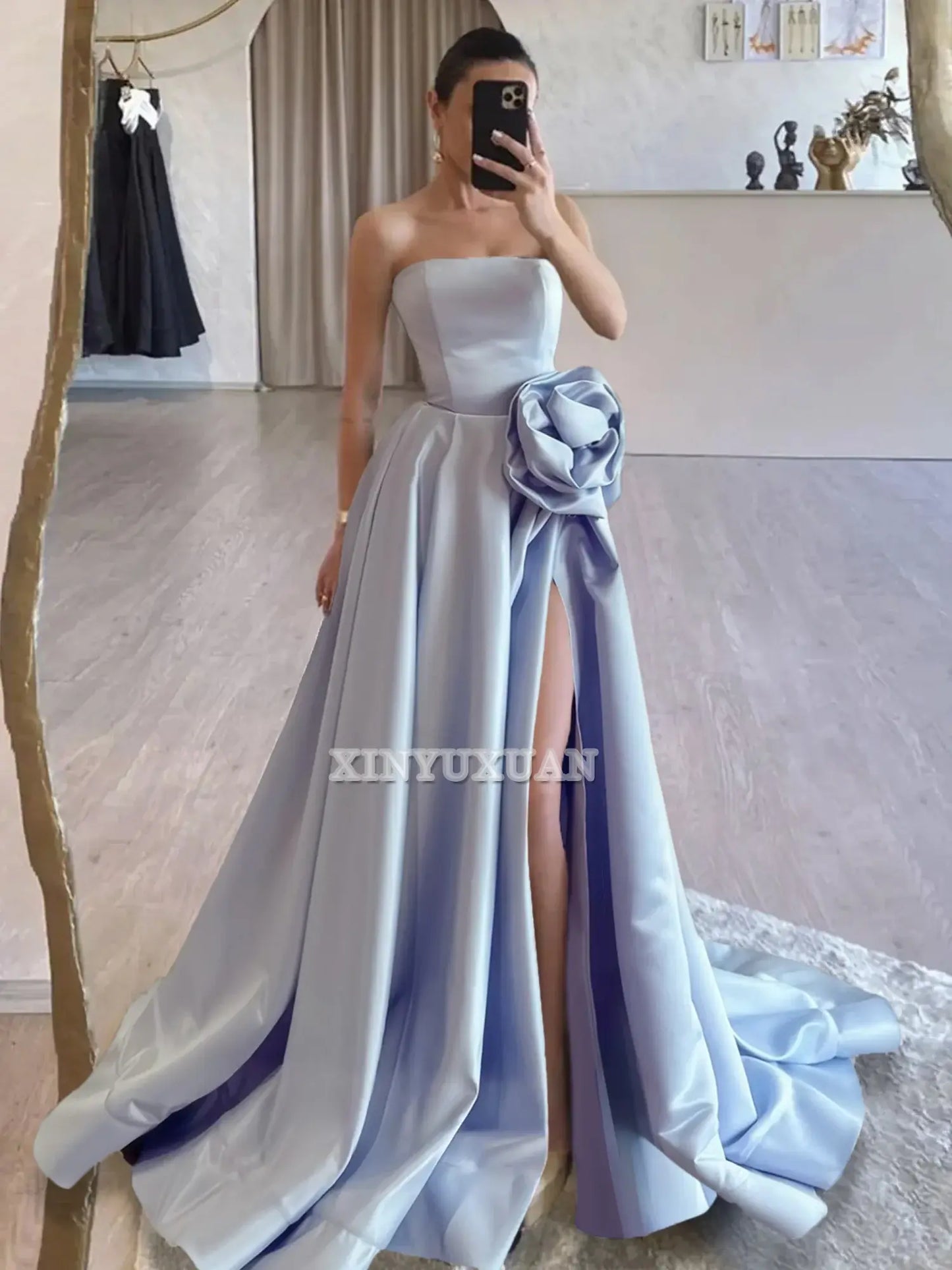 Evening Dress Strapless Satin High Split Sweep Train Exquisite High Quality Formal Women's Dresses