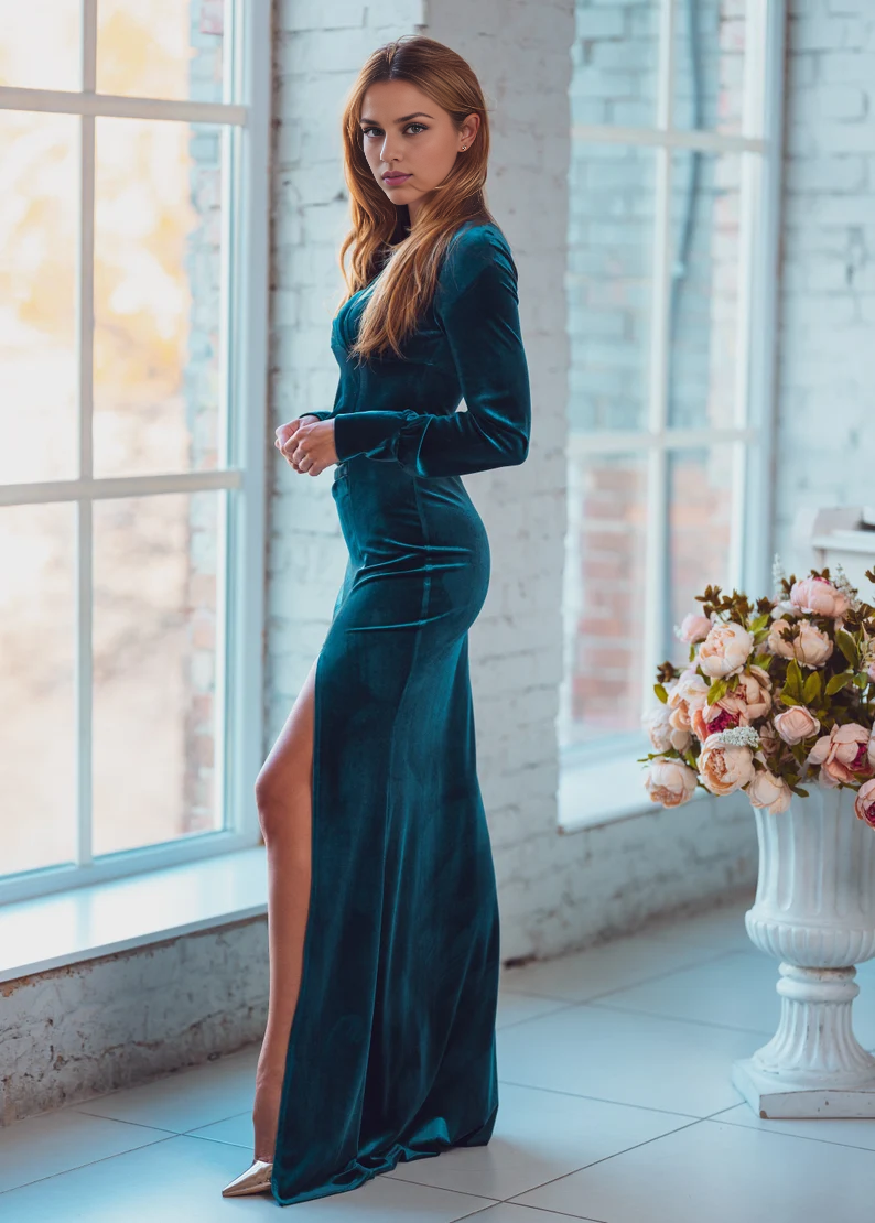 Evening Dress Velvet Dress V Neck Bodycon Dress Long sleeves Pleated Side Fork Long dress Formal Dresses Wedding Guest Dress