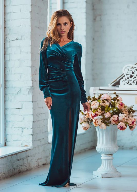 Evening Dress Velvet Dress V Neck Bodycon Dress Long sleeves Pleated Side Fork Long dress Formal Dresses Wedding Guest Dress
