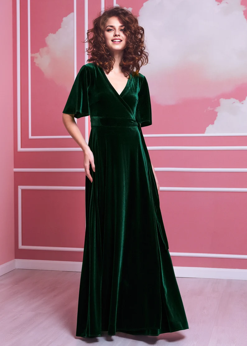 Evening Dress Velvet Dress V Neck Flutter Sleeves Wrap Maxi Dress Formal Dresses Wedding Guest Dress