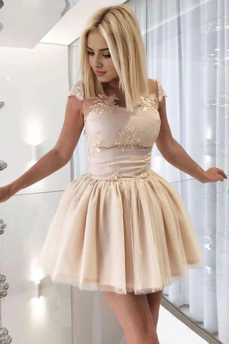 AABEI DRESS New Homecoming Dress A-Line Sheer Neck Cap Sleeves Open Back with Appliques Cute Short Prom Dress