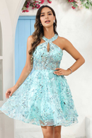 AABEI DRESS Short Dress Fashion Halter Neck Sleeveless See-Through Sequins Applique Sparkle New Homecoming Dress