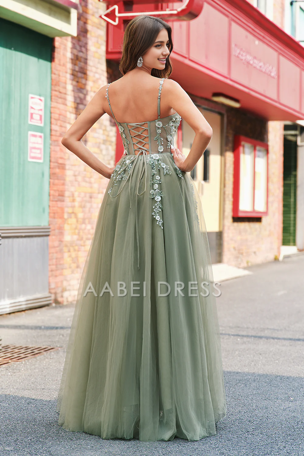 AABEI DRESS Hot Sale Prom Dress Gorgeous Floral Corset Spaghetti Strap Backless Tulle Long With Lace Exquisite Formal Dress
