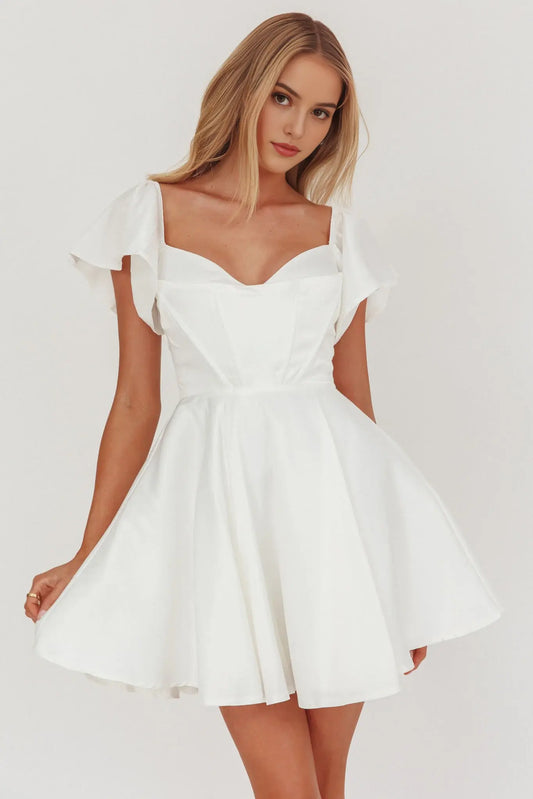 Elegant A Line Sweetheart Neckline Flutter Short Sleeve Ruched Simple White Mini Dress Hot Sale Homecoming Dress