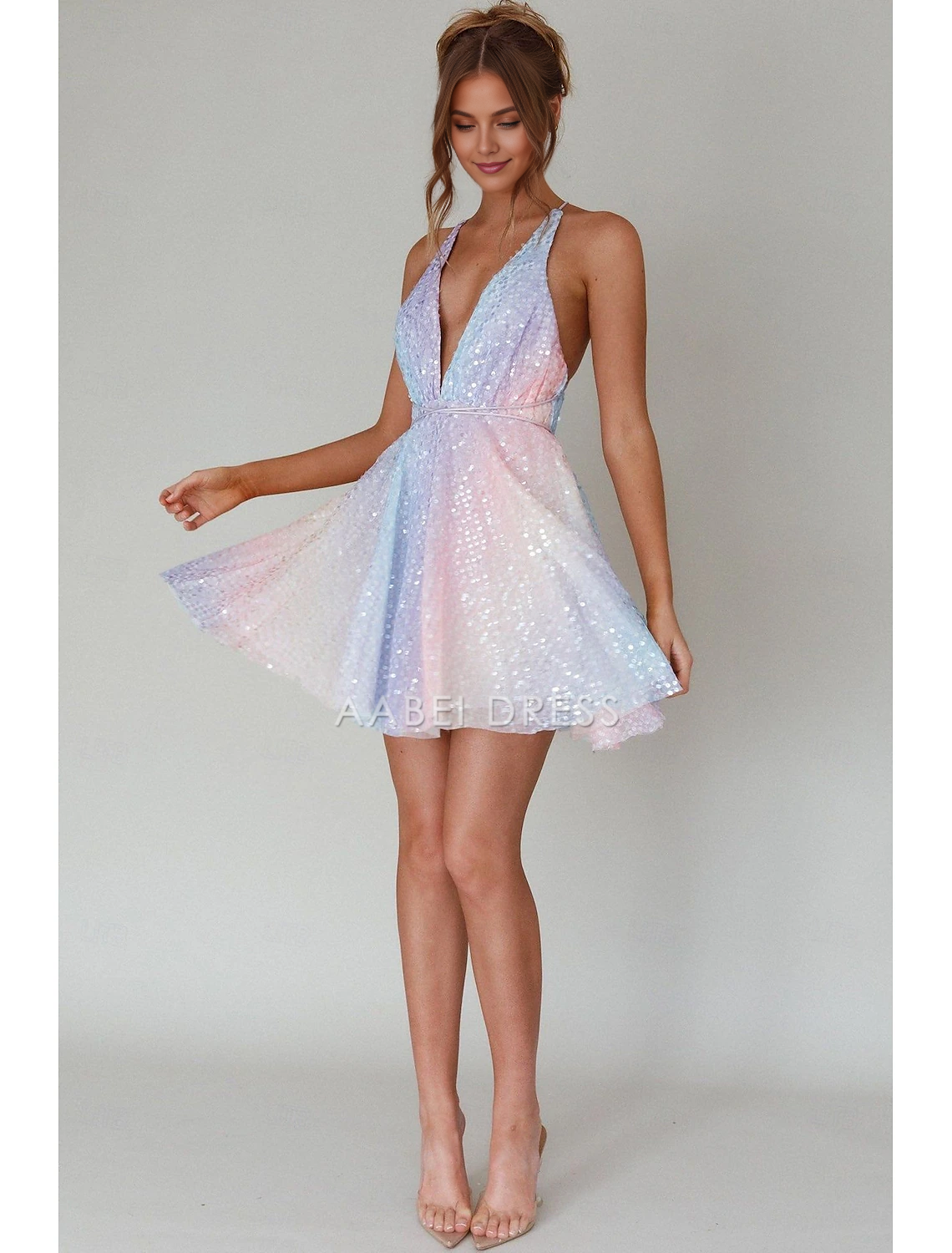 AABEI DRESS New Homecoming Dress A Line Deep V Neck Backless Cocktail Dresses Carnival Sleeveless Sequined with Pleats Sparkle Short Prom Dresse