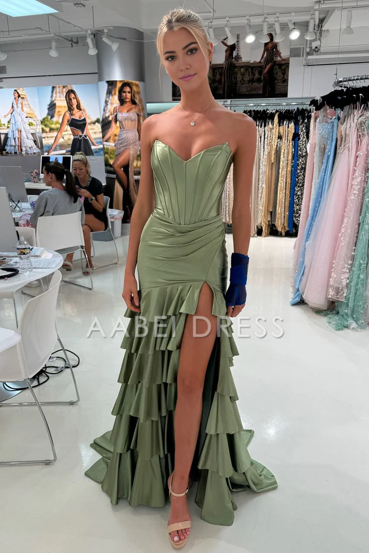 AABEI DRESS Prom Dress Charming Mermaid Sweetheart Strapless Ruched Tiered Satin With Slit Gorgeous Formal Dress