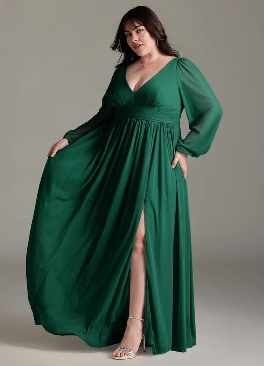 Wedding Guests Dresses Emerald A-Line V-Neck Long Sleeve Ruffles Side Fork Backless Vintage Plus Size Formal Dress Discount Hot Sale Prom Dress