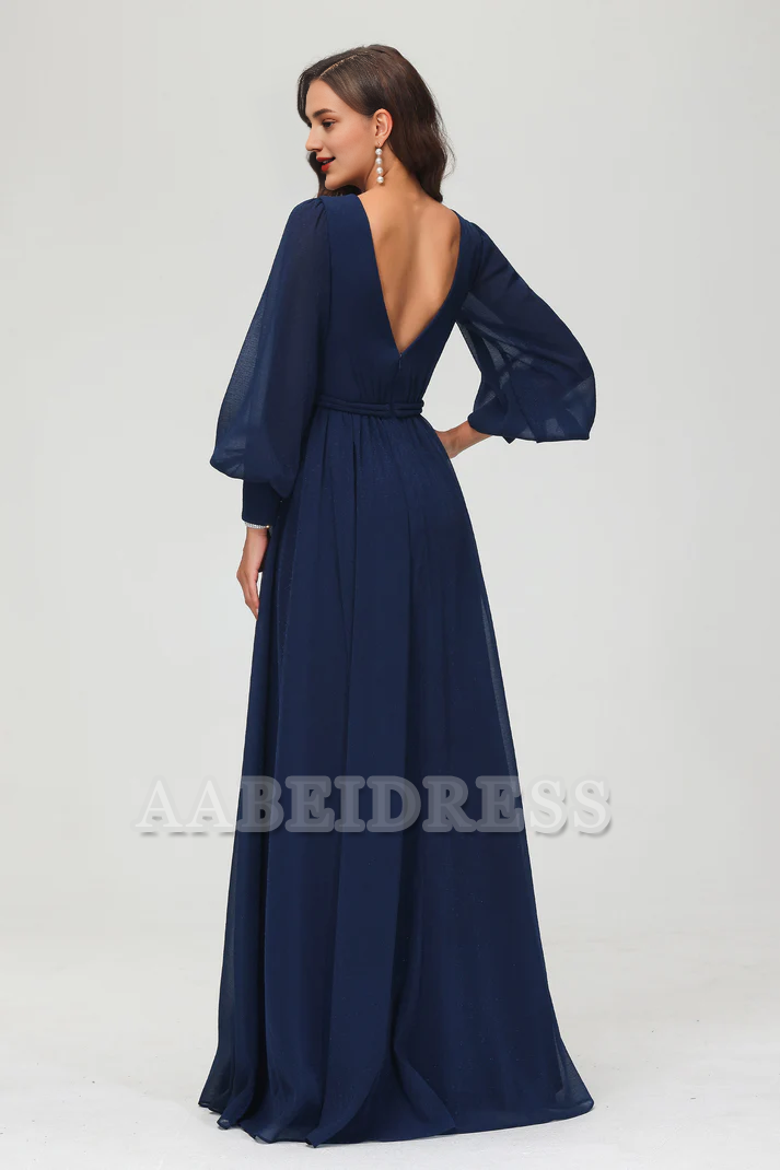 Evening Dress A-Line V-neck Long Sleeves Floor Length Dress Side Fork Elegant Exquisite Formal Women's Dresses Wedding Guest Dresses