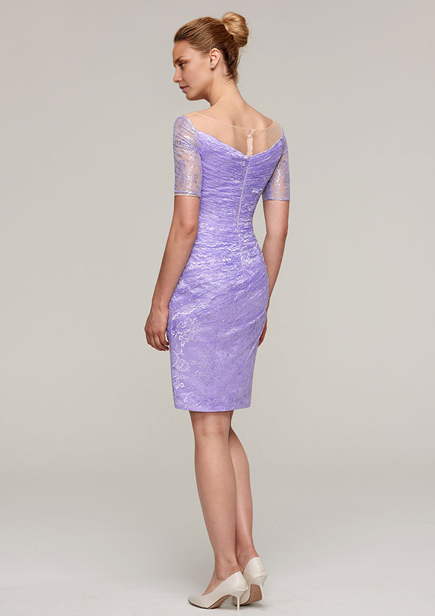 Classic Wedding Guest Dresses Sheath/Column Boat Neck Short Sleeve Lace With Jacket Two-Piece Knee-Length Bargain Mother of the Bride Dress