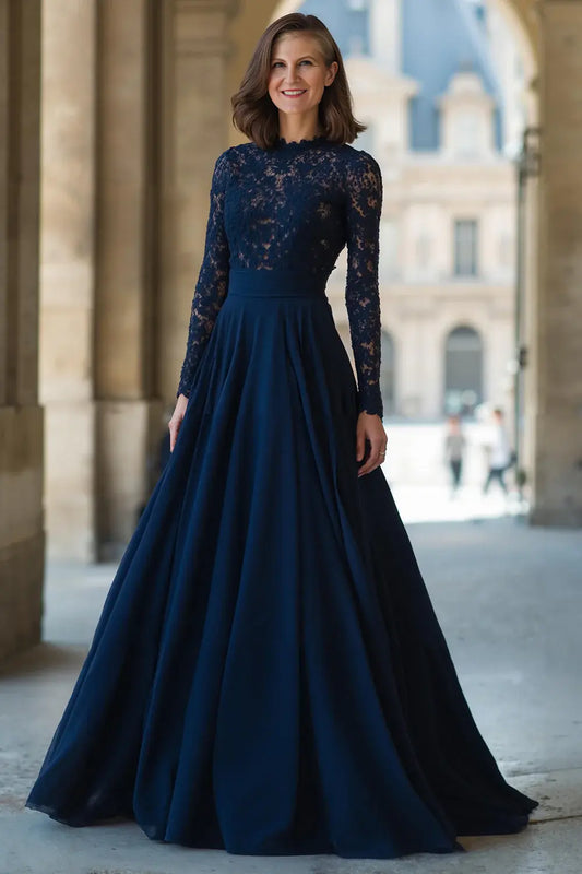 Navy A-Line High Neck Long Sleeves Chiffon with Lace Elegant Long Wedding Guest Dress For Women Hot Sale Mother of the Bride Dress