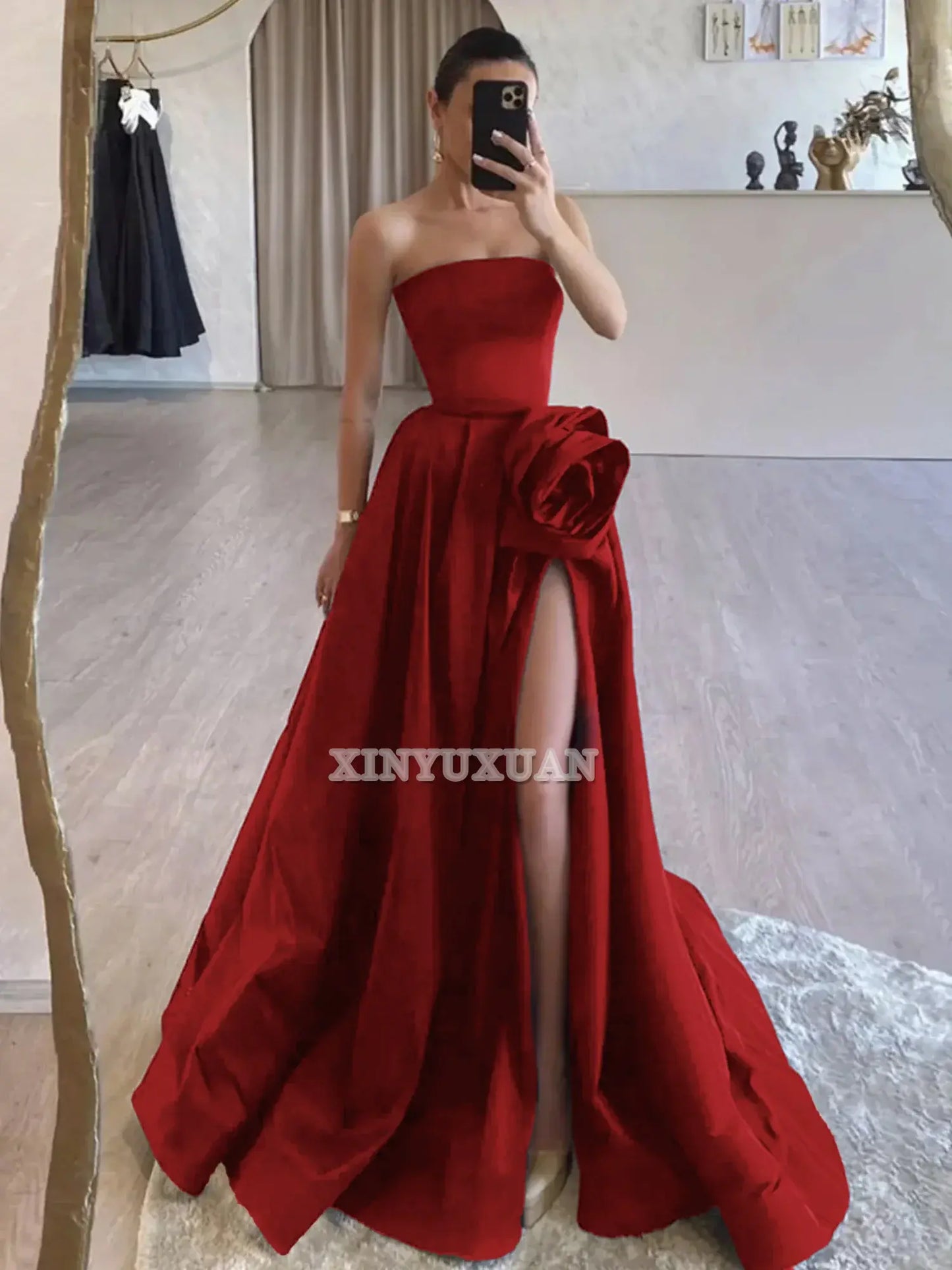 Evening Dress Strapless Satin High Split Sweep Train Exquisite High Quality Formal Women's Dresses