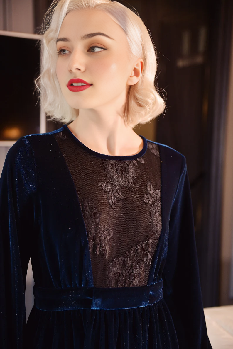Evening Dress Velvet Dress Round Neck Long Sleeves Splicing Lace Elegant Formal Dresses Wedding Guest Dress