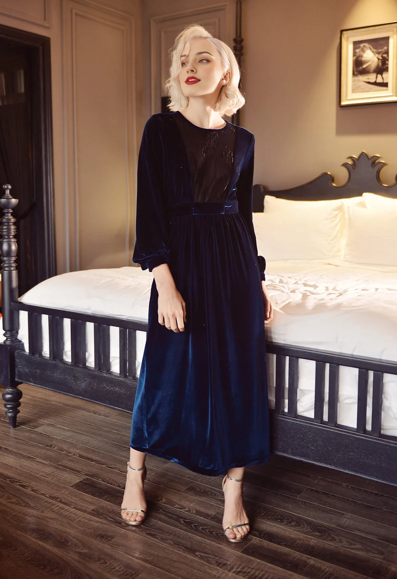 Evening Dress Velvet Dress Round Neck Long Sleeves Splicing Lace Elegant Formal Dresses Wedding Guest Dress