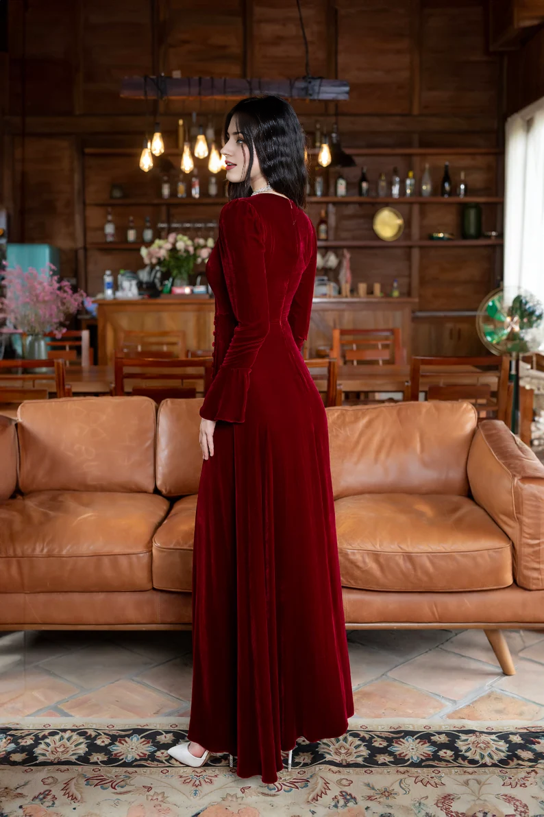 Evening Dress Velvet Dress Round Neck Long Sleeve Side Fork Luxurious Formal Dresses Wedding Guest Dress