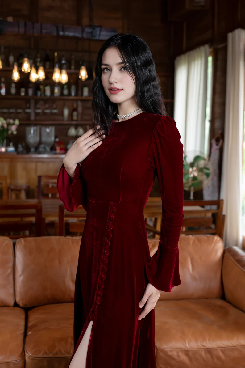 Evening Dress Velvet Dress Round Neck Long Sleeve Side Fork Luxurious Formal Dresses Wedding Guest Dress