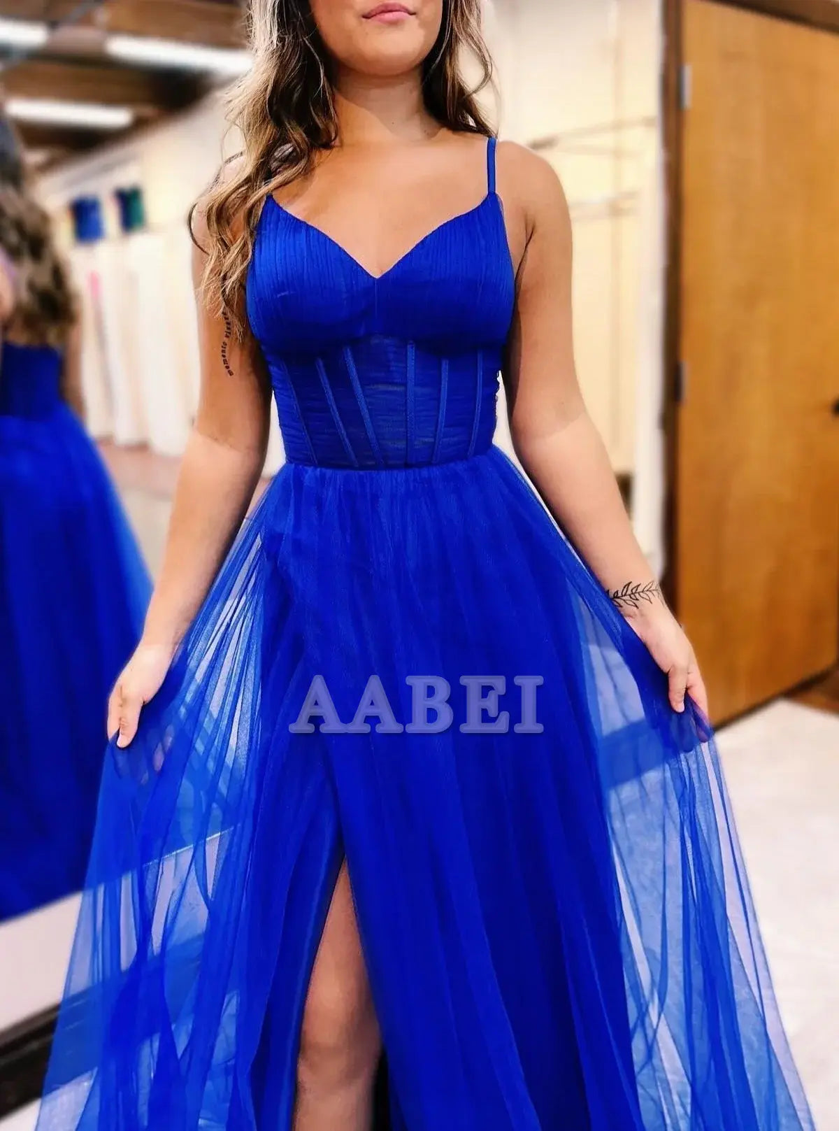 Evening Dress A-Line V-Neck Sheer Bodice Tulle Long Romantic Prom Dress Side Fork Youthful Elegant Formal Women's Dresses