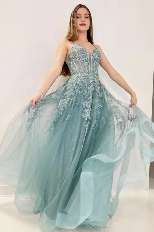 Sparkle Blue Tulle A-Line Spaghetti Strap Sweetheart Neckline Lace Appliques Lace-Up Backless Exquisite Wedding Guest Dress Long Hot Sale Prom Dresses