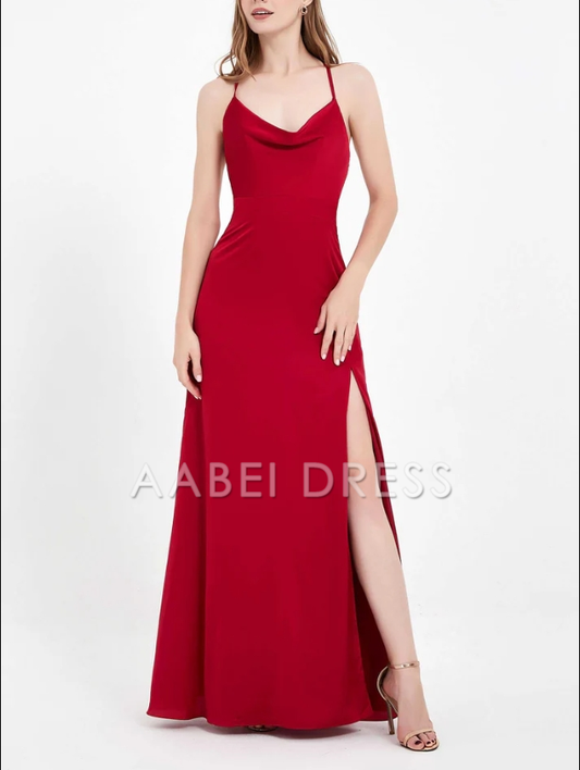 AABEI DRESS A-Line Cowl Neck Spaghetti Straps Lace up Back Satin Split fork Long Simple Dress Floor-Length Evening Dress