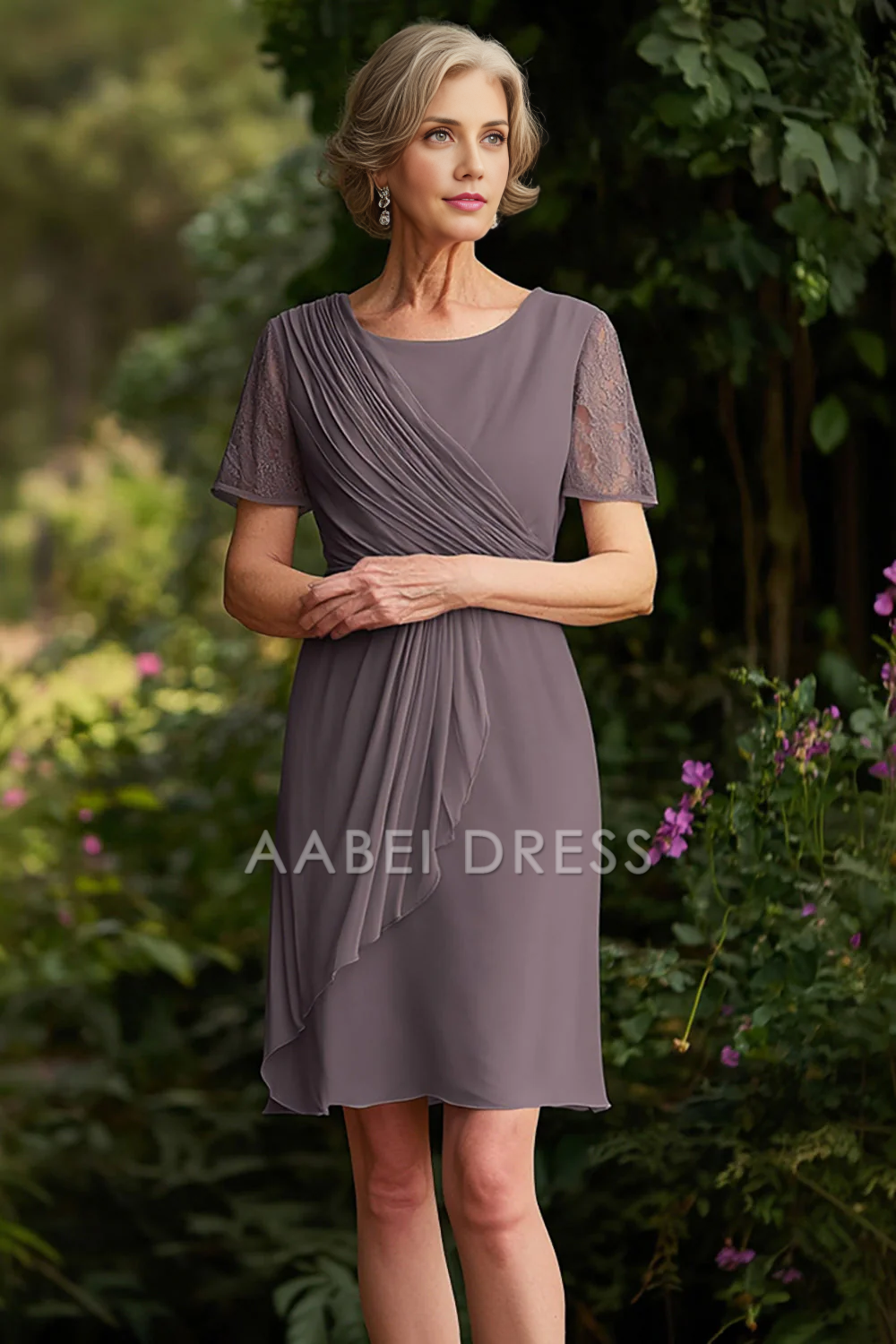 AABEI DRESS Mother Of The Bride Dress Ruched Short Skirt Chiffon Lace Short Sleeve Retro Formal Wear Dresse