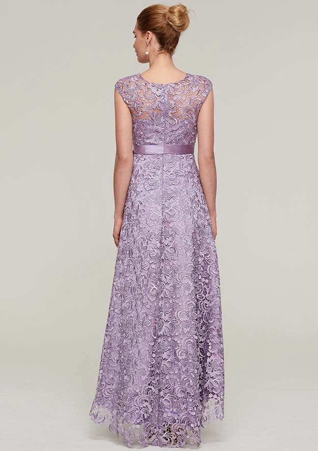 Vintage Wedding Guest Dresses A-line Purple Lace Boat Neck Sleeveless With Sashes Asymmetrical Hem Bargain Mother of the Bride Dress