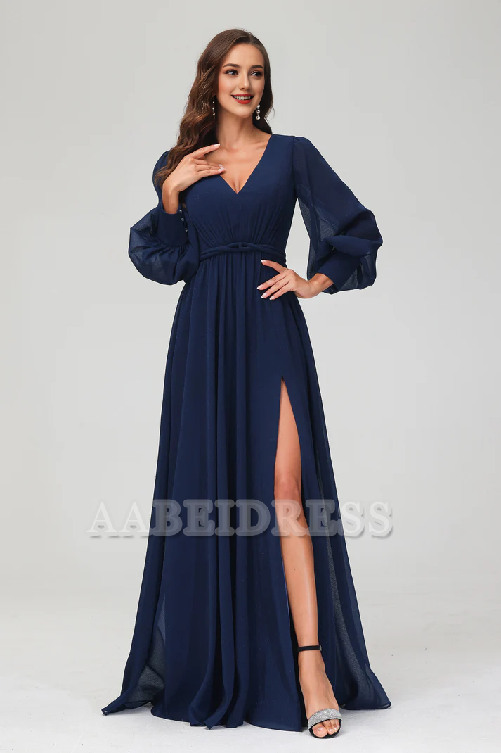 Evening Dress A-Line V-neck Long Sleeves Floor Length Dress Side Fork Elegant Exquisite Formal Women's Dresses Wedding Guest Dresses