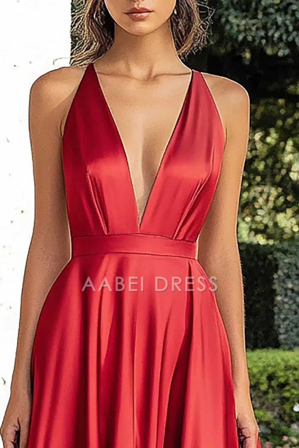 AABEI DRESS Hot Sale Prom Dress Elegant Simple A Line Deep V-Neck Satin Long With Slit Formal Dress