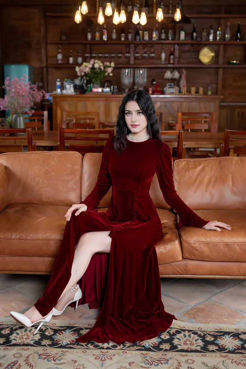 Evening Dress Velvet Dress Round Neck Long Sleeve Side Fork Luxurious Formal Dresses Wedding Guest Dress
