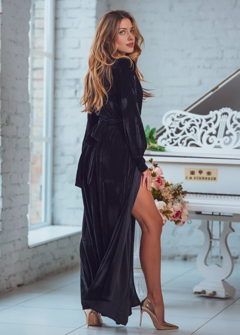 Evening Dress Velvet Dress V Neck Long Sleeves Elegant Formal Dresses Wedding Guest Dress