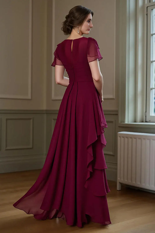 Wedding Guest Dress Fashion Burgundy Chiffon A Line Round Neck Short Sleeve Tiers Ruffles Exquisite Hot Sale Long Mother of the Bride Dress