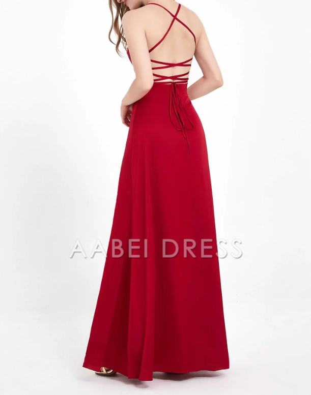 AABEI DRESS A-Line Cowl Neck Spaghetti Straps Lace up Back Satin Split fork Long Simple Dress Floor-Length Evening Dress