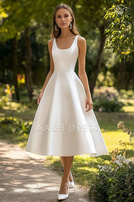 AABEI DRESS Hot Sale Homecoming Dress Elegant A Line Scoop Neck Sleeveless Simple Tea-Length Graduation Dress
