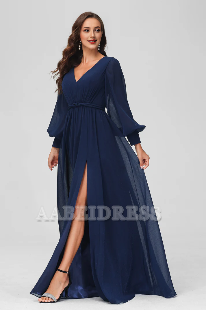 Evening Dress A-Line V-neck Long Sleeves Floor Length Dress Side Fork Elegant Exquisite Formal Women's Dresses Wedding Guest Dresses