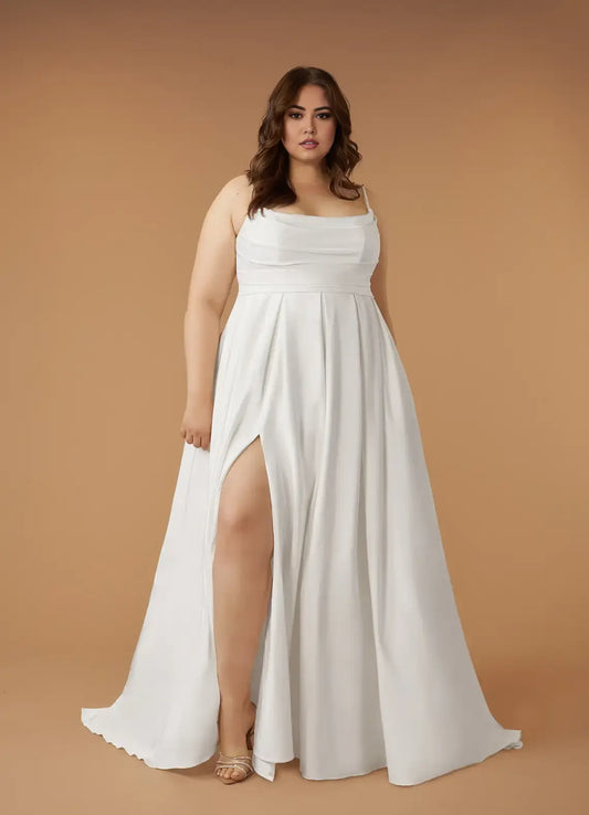 Elegant Simple White A-Line Spaghetti Strap Scoop Pleated Crepe Back Side Fork Backless Plus Size Hot Sale Wedding Dress