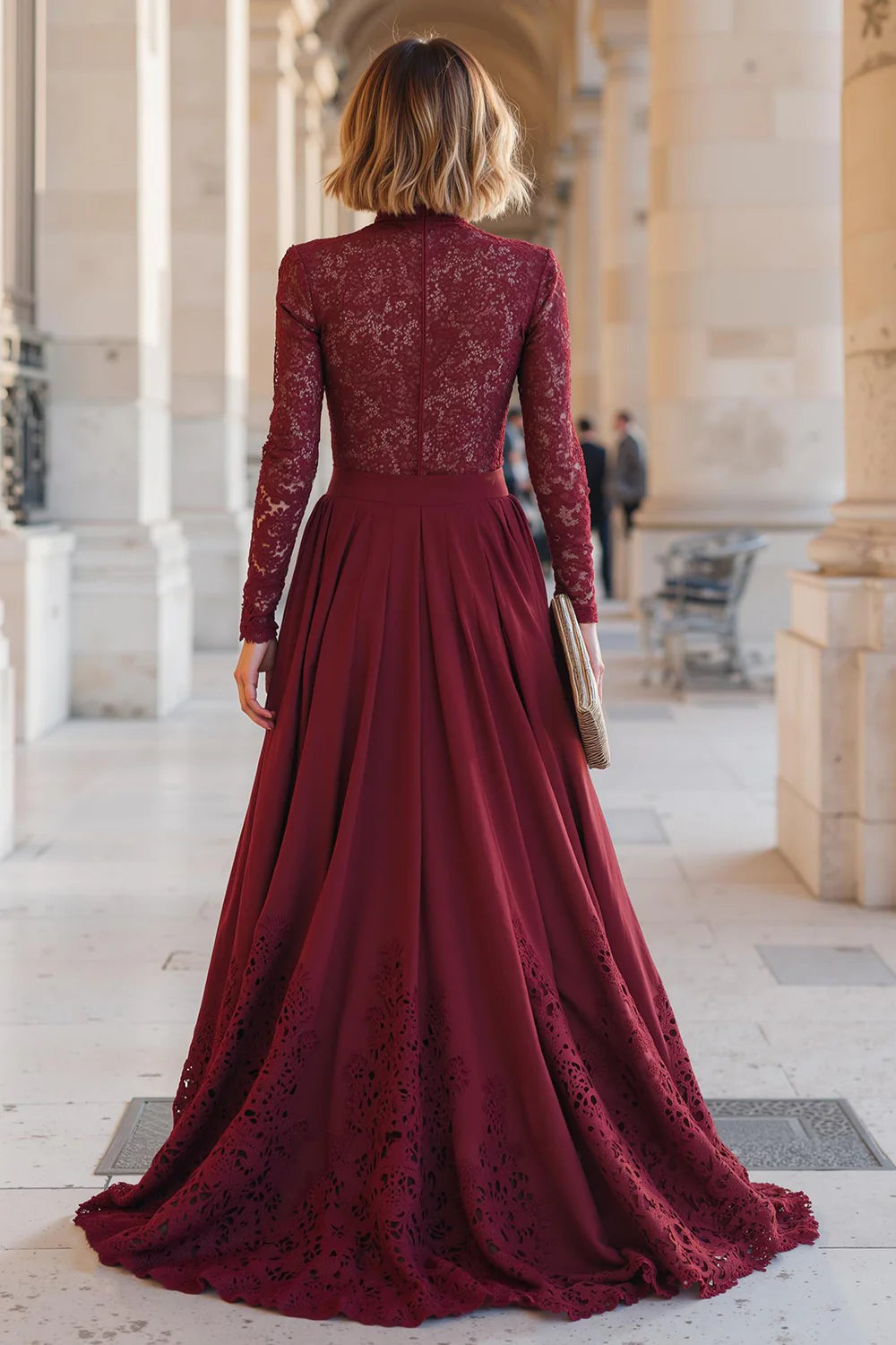 Elegant Burgundy Chiffon A-Line High Neck Long Sleeves Lace Retro Long Wedding Guest Dress For Women New Style Mother of the Bride Dress