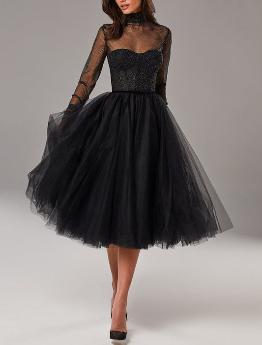 AABEI DRESS New Homecoming Dress Elegant A-Line Cocktail Dresses Wedding Guest Knee Length Long Sleeve High Neck Tulle with Pleats Pure Color Charming Prom Dresse