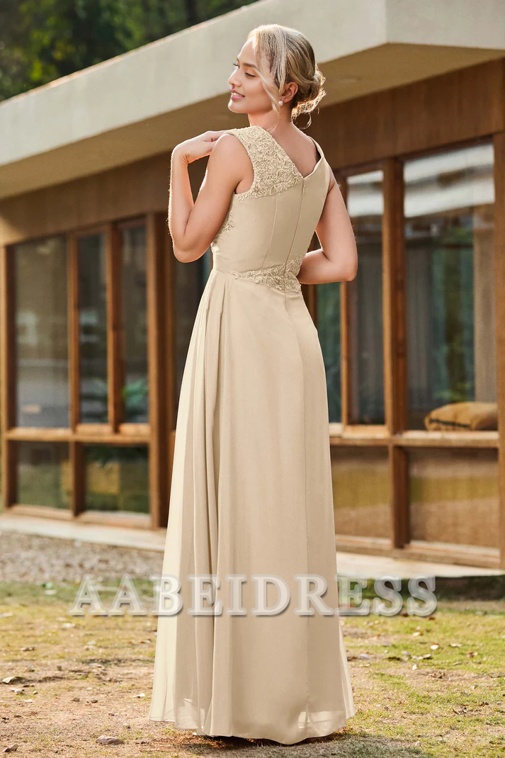 AABEI DRESS Mother of the Bride Dresses V-neck Pleated Lace Chiffon Long Dress With Slit Elegant Formal Dress Wedding Guests Dresses