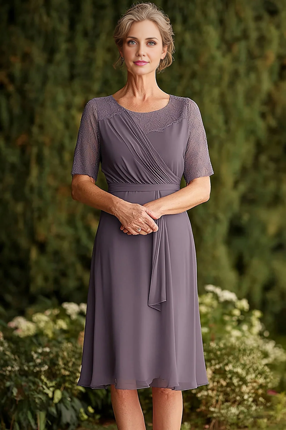 AABEI DRESS Mother Of The Bride Dress Elegant Chiffon Knee Length Lace Short Sleeves Retro Formal Wear Dresse